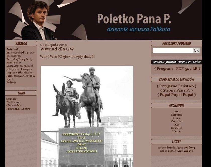 Janusz Palikot przechodzi samego siebie. Polityk PO na swoim blogu umieścił fotomontaż nowego pomnika pod Pałacem Prezydenckim. Widnieje na nim Lech Kaczyński na osiołku i książę Józef Poniatowski na koniu