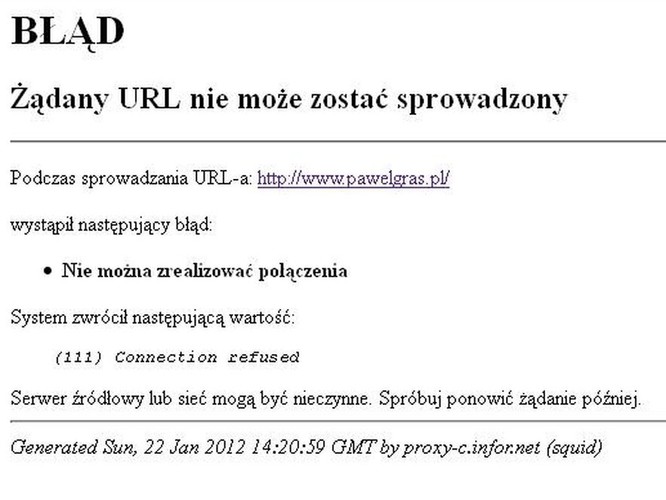 W niedzielę trwają problemy, a Anonymous zapowiada kolejne ataki; na zdjęciu: niedostępna strona rzecznika rządu Pawła Grasia
