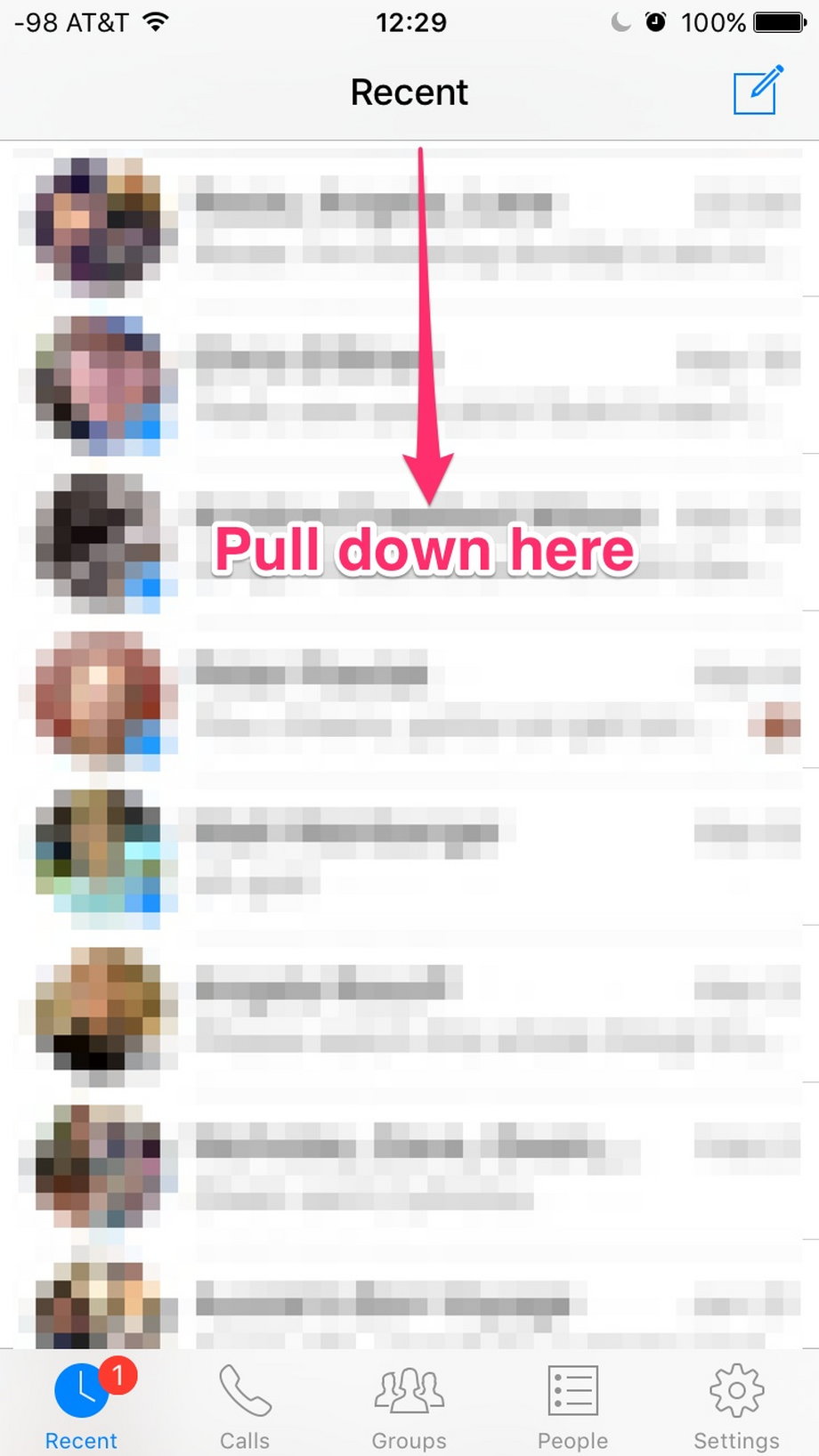 You start with the normal Messenger screen. (I blurred everything to protect the privacy of my contacts.) So where are the bots? First, you have to pull down from the top.