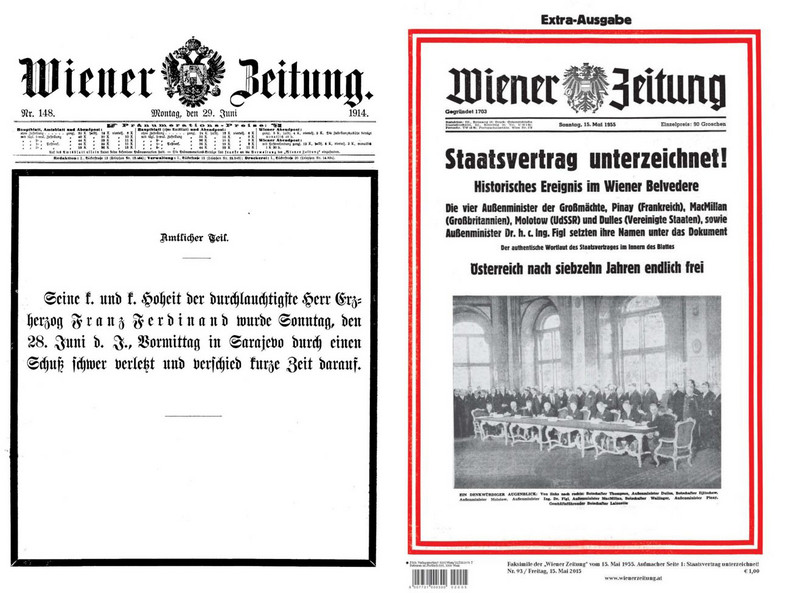 Na zdjęciach od lewej: 1. 29 czerwca 1914 r. na pierwszej stronie gazety ukazał się komunikat o śmierci arcyksięcia Franciszka Ferdynanda, następcy tronu Habsburgów. 2. W 1955 r. mocarstwa sprzymierzone podpisały traktat państwowy, który przywracał Austrii suwerenność, utraconą w wyniku Anschlussu w 1938 r. Nagłówek: "Austria jest wolna po 17 latach"