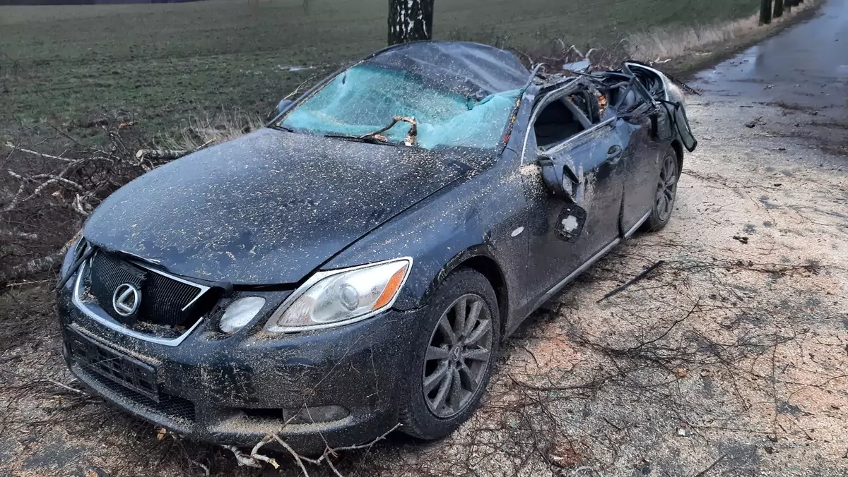 Lexus GS300 zdemolowany przez powalone drzewo. Skutki wichury w okolicach Kętrzyna