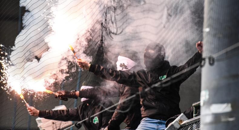 Hooligans are seen during the Second Bundesliga match between SpVgg Greuther Fuerth and 1. FC Nuernberg at Sportpark Ronhof Thomas Sommer on November 24, 2019 in Fuerth, Germany.