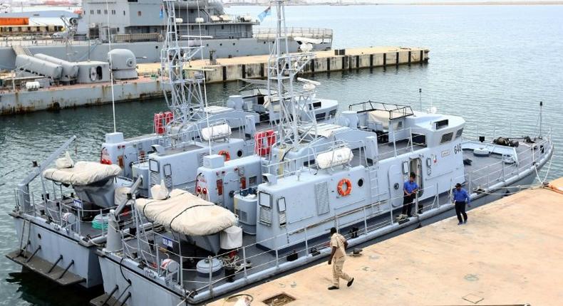 Two of the four Libyan Coast Guard ships are docked in the harbour of the capital Tripoli, following their return after undergoing maintenance in Italy on May 15, 2017