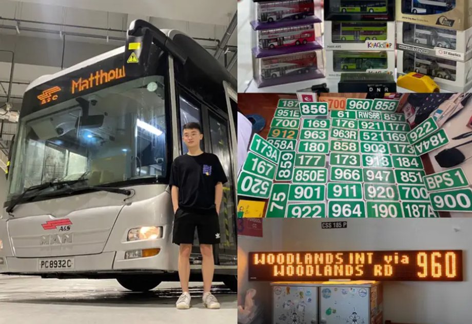 Matthew Tay i jego kolekcja pamiątek autobusowych, w tym modele autobusów, odzyskane tablice rejestracyjne i odrestaurowany wyświetlacz elektroniczny