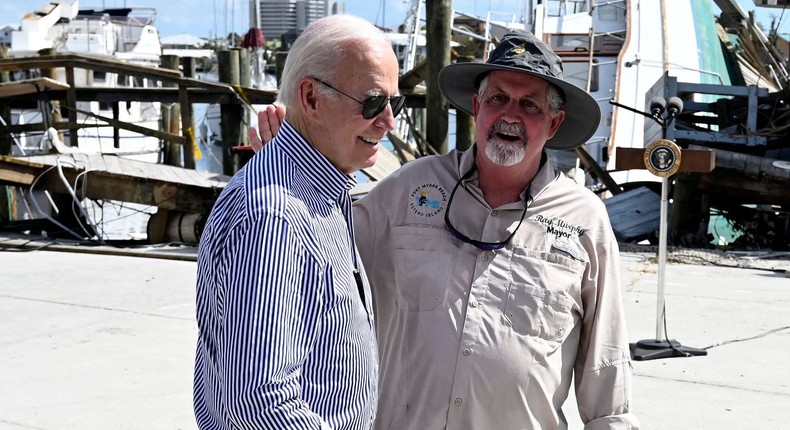 US President Joe Biden meets with Fort Myers Beach Mayor Ray Murphy on October 5, 2022.