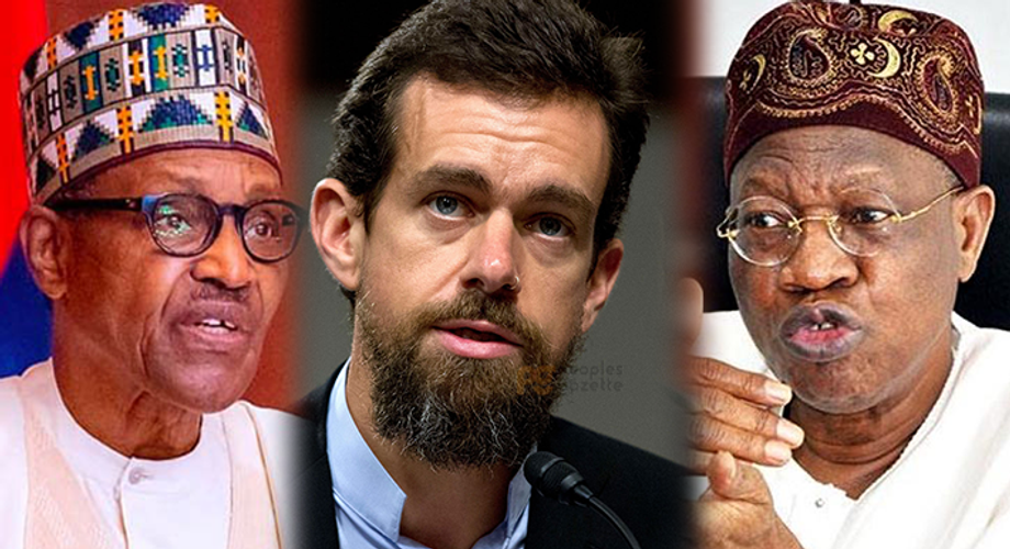 President Muhammadu Buhari, Jack Dorsey and the Minister of Information and Culture, Alhaji Lai Mohammed.  (PG)