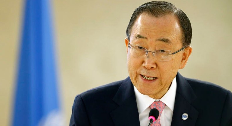 U.N. Secretary-General Ban Ki-moon addresses the Conference on the Prevention of Violent Extremism at the United Nations in Geneva, Switzerland, April 8, 2016.  REUTERS/Denis Balibouse