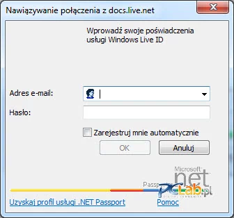 Okno logowania do usługi Windows Live