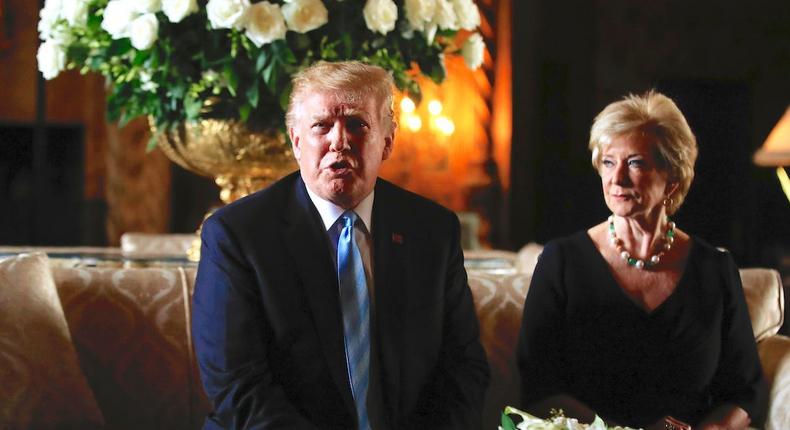 President Donald Trump with Linda McMahon, a major donor and former administrator of the Small Business Administration.