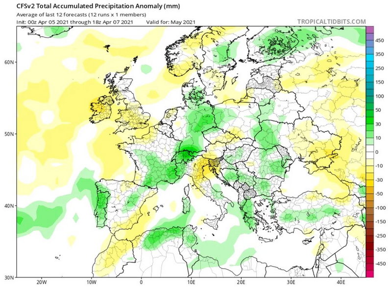 Wstępna prognoza anomalii opadów na maj 2021