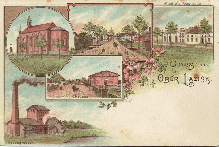 Łaziska Górne (Ober Lazisk) w 1913 roku na pocztówce, w lewym dolnym rogu kopalnia Brda