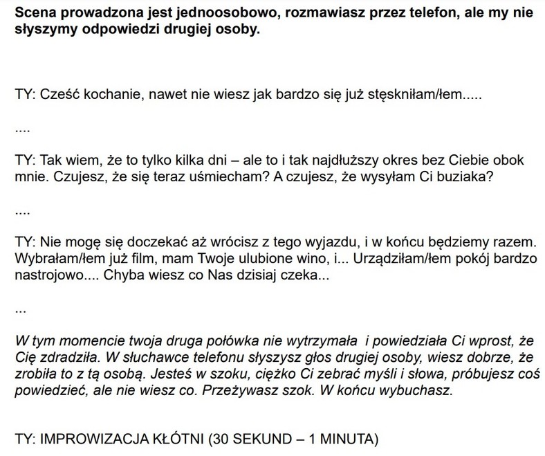 Fragment scenariusza finałowego etapu w castingu — fot. screen z treści przesłanych uczestnikom rekrutacji do "Pamiętników z wakacji"