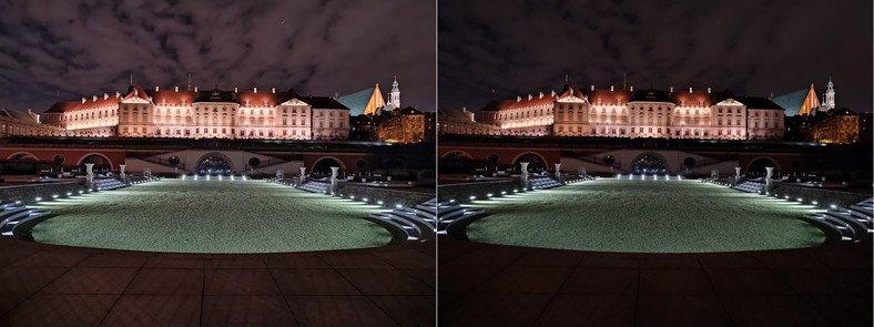 Porównanie zdjęcia w trybie nocnym (po lewej) ze zdjęciem tej samej nocnej sceny zrobionym w trybie automatycznym (kliknij, aby powiększyć) 