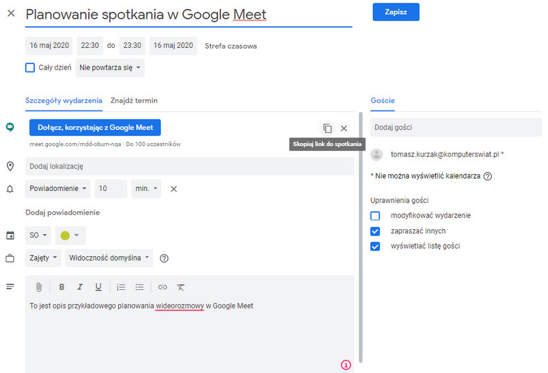 Google Meet - planowanie spotkania