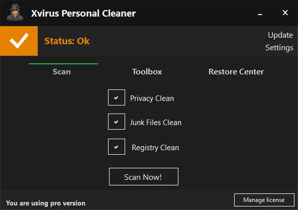 Główne okno programu do optymalizacji i oczyszczania systemu Windows - Xvirus Personal Cleaner Pro