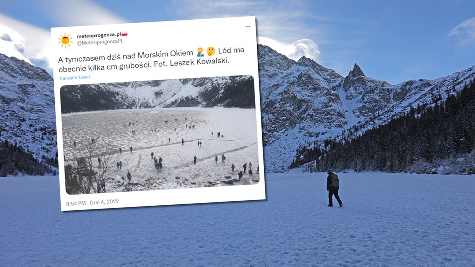 Morskie Oko. Turyści na zamarzniętym jeziorze