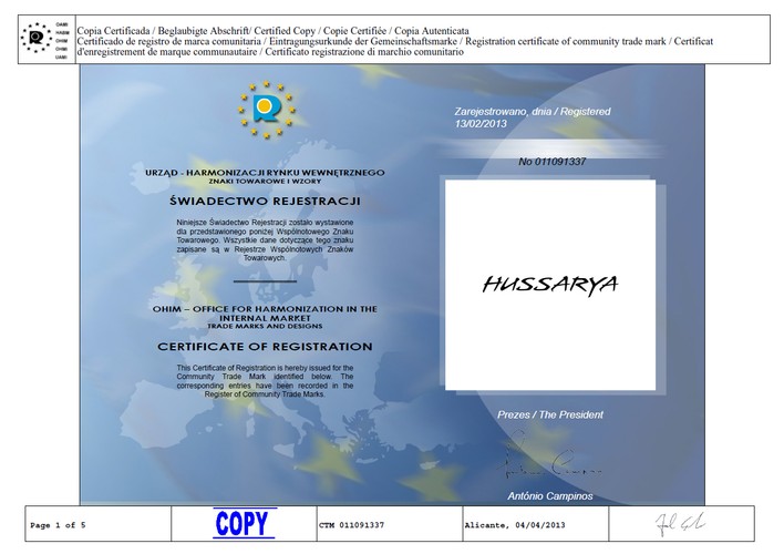 Oficjalne potwierdzenie rejestracji znaku towarowego 'Hussarya'
