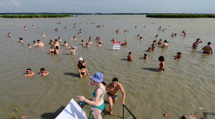 Fesztiválozók strandolnak az Egyetemisták és Főiskolások Országos Turisztikai Találkozójának (EFOTT) első napján a Velencei-tó melletti Sukorón 2023. július 12-én.