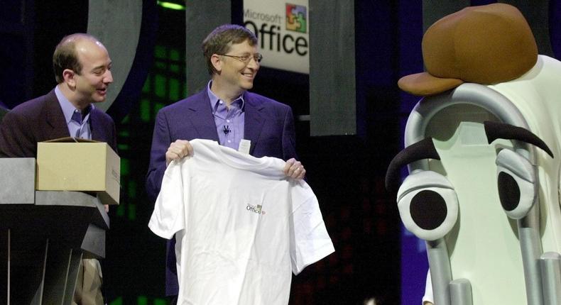 Then-Microsoft CEO Bill Gates and Amazon CEO Jeff Bezos with Clippy in 2001.Stan Honda/Getty Images