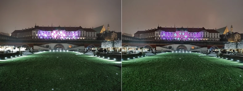 Przykładowe zdjęcia nocne wykonane modułem standardowym w trybie automatycznym Zdjęcia (po lewej) oraz w trybie Nocne zdjęcia (po prawej). Kliknij, aby powiększyć