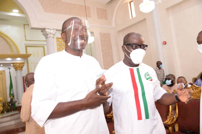 Edo State Governor, Godwin Obaseki (Right) and APC governorship candidate in Edo state, Osagie Ize-Iyamu. [Twitter/@PastorIzeIyamu]