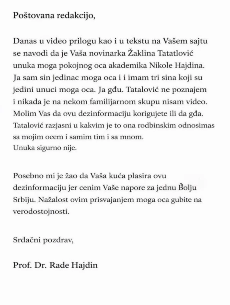 Navodno pismo sina Nikole Hajdina