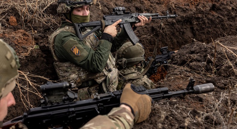 Members of the 3rd Assault Brigade during a trench clearing training exercise on October 14, 2023 in Kramatorsk, Ukraine.Diego Fedele/Getty Images