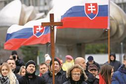 Marian Kotleba, leader of the far-right People's Party Our Slovakia (LSNS), attends a protest rally organized by religious group Slovak Convention for Family in Bratislava