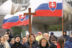 Marian Kotleba, leader of the far-right People's Party Our Slovakia (LSNS), attends a protest rally organized by religious group Slovak Convention for Family in Bratislava