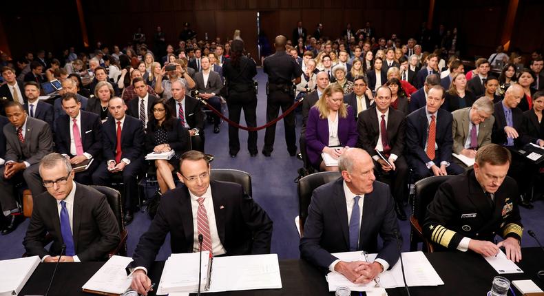 From left: Acting FBI Director Andrew McCabe, Deputy Attorney General Rod Rosenstein, Director of National Intelligence Dan Coats, and National Security Agency Director Michael Rogers.