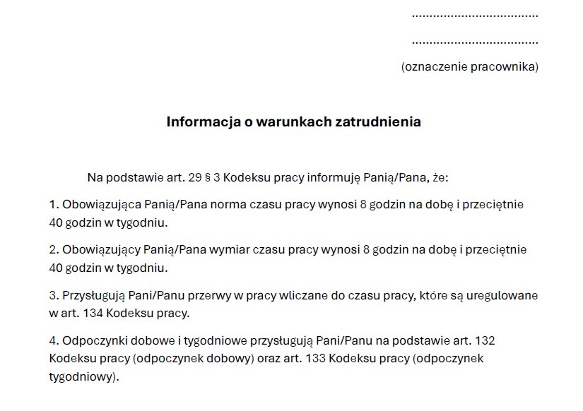 Informacja o warunkach zatrudnienia - wzór doc i pdf