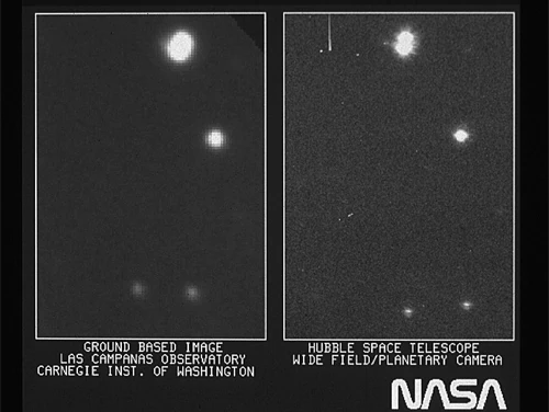 Pierwsza historyczna fotka zrobiona Teleskopem Hubble'a (po prawej). Zdjęcie było dobre, ale naukowcy oczekiwali czegoś więcej. Naprawienie wady zwierciadła trwało ponad 3 lata