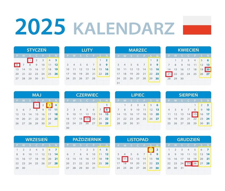 Godziny pracy 2025 - kalendarz