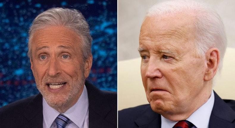 Jon Stewart, left, was not a fan of Biden's debate performance.The Daily Show; Kevin Dietsch via Getty Images