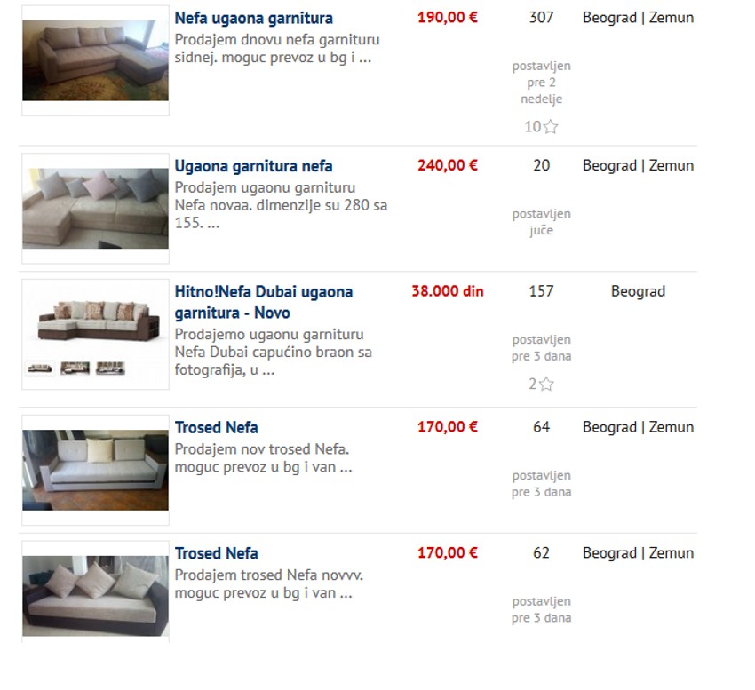 Nefa nameštaj, oglas