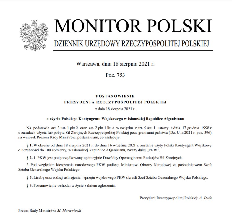 Prezydent podpisał postanowienie o wysłaniu wojska do Afganistanu