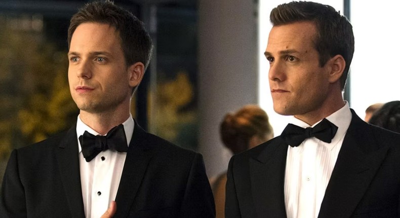 Patrick J. Adams as Mike Ross and Gabriel Macht as Harvey Specter in Suits.USA Network