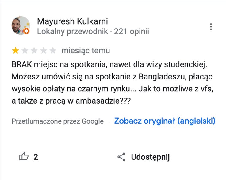 Screenshot komentarza ze strony konsulatu RP w Google Maps