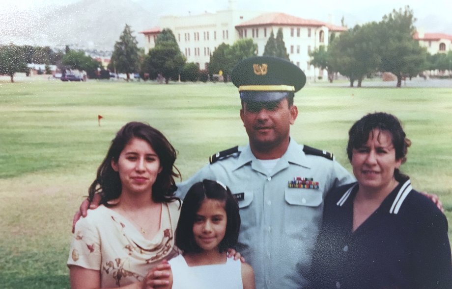 My sister (far left), me, my dad, and mom at my his retirement ceremony in May 2000 after 26 years of service.