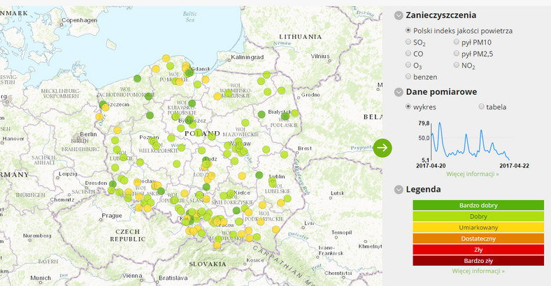 Stan jakości powietrza w Polsce – 22.04.2017 od godziny 2.00 do 3.00