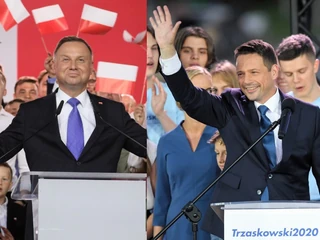 Andrzej Duda i Rafał Trzaskowski podczas ogłoszenia wyników sondażu exit poll