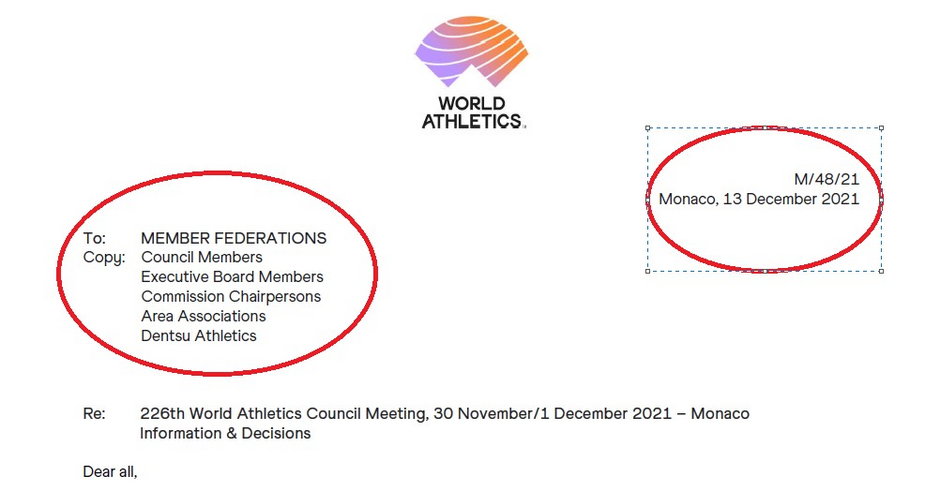 Dokument, jaki otrzymaliśmy z World Athletics.