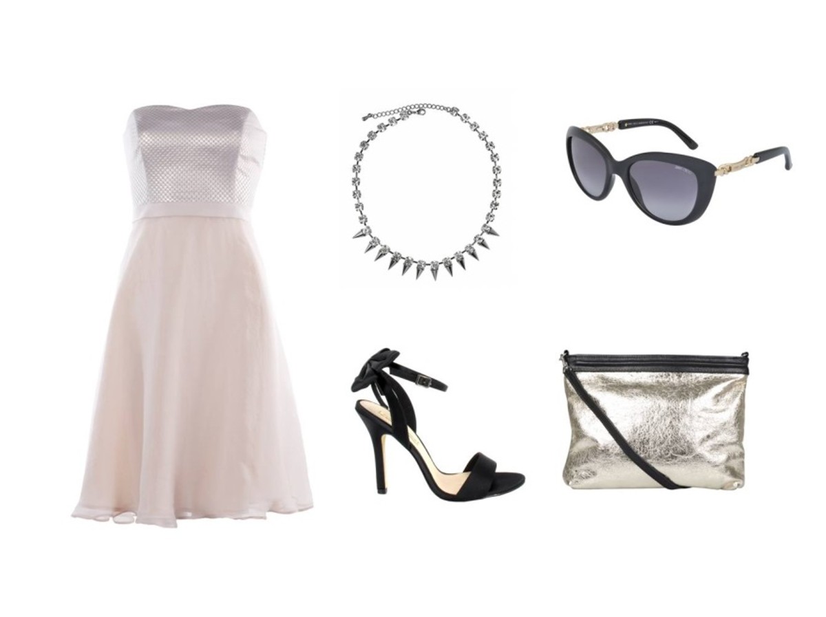 Sukienka BIALCON (bialcon.pl); naszyjnik SCALLINI (scallini.pl); torebka ANTBAG BY ANIA (antbags.pl); buty MENBUR (menbur.com); okulary JIMMY CHOO (safilo.pl)
