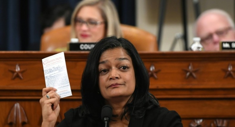 US House Democrat Pramila Jayapal votes during the House Judiciary Committee's vote on articles of impeachment against US President Donald Trump