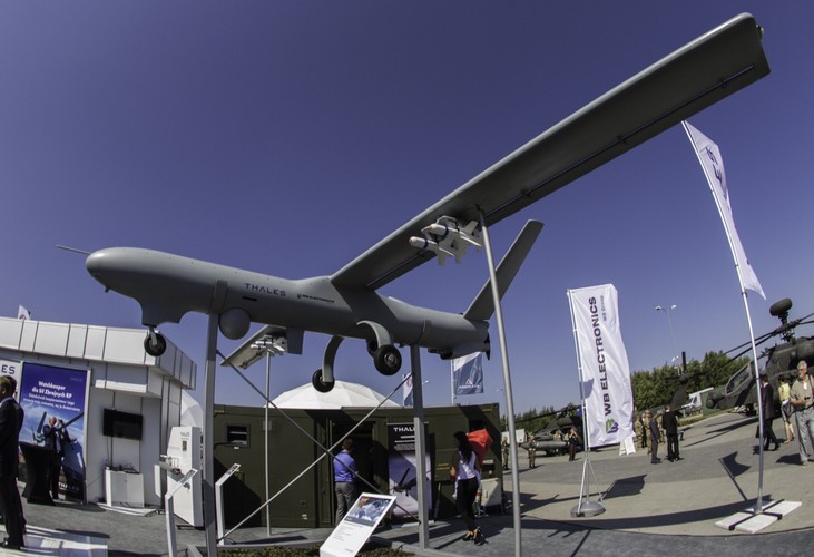 Bezzałogowy statek powietrzny WK450 Watchkeeper przygotowany dla polskiej armii przez Thales UK i WB Electronics w ramach projektu BSP Gryf, prezentowany podczas XXIII Międzynarodowego Salonu Przemysłu Obronnego, 1 bm. w Kielcach.<br><br>fot. (mgo) PAP/Michał Walczak