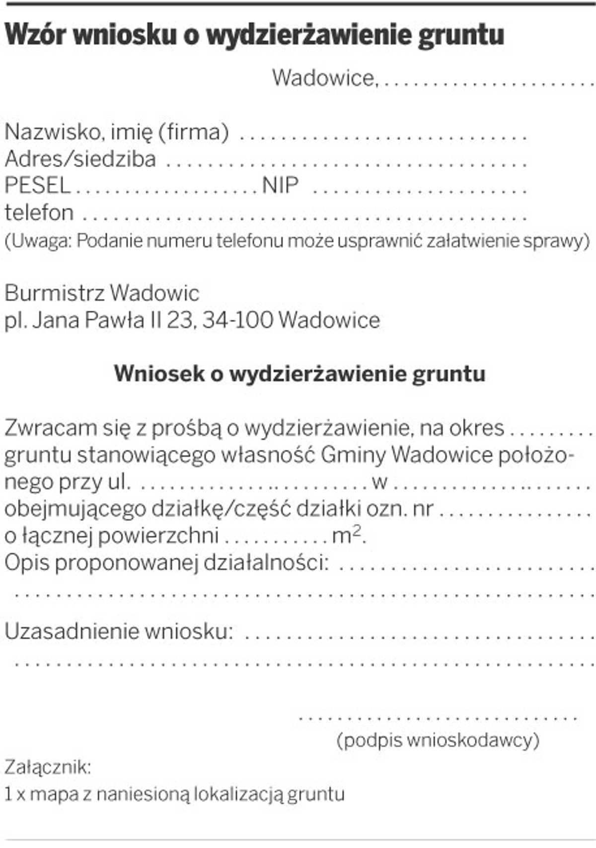 Wzór wniosku o wydzierżawienie gruntu