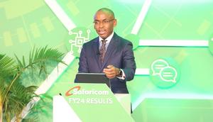 Safaricom CEO Peter Ndegwa speaking during the release of the FY24 results on May 9, 2024