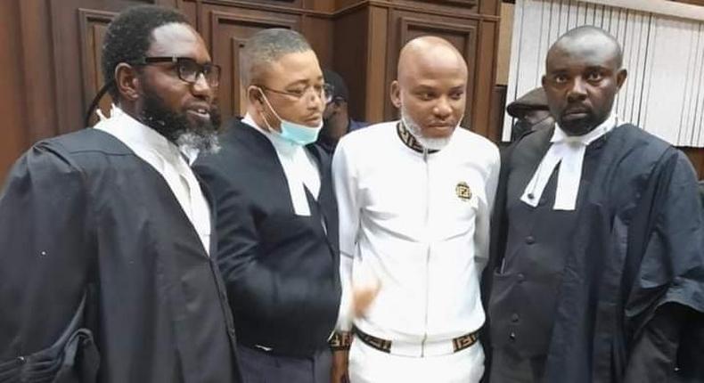 Nnamdi Kanu (in all White attire) re-appears in court on October 21