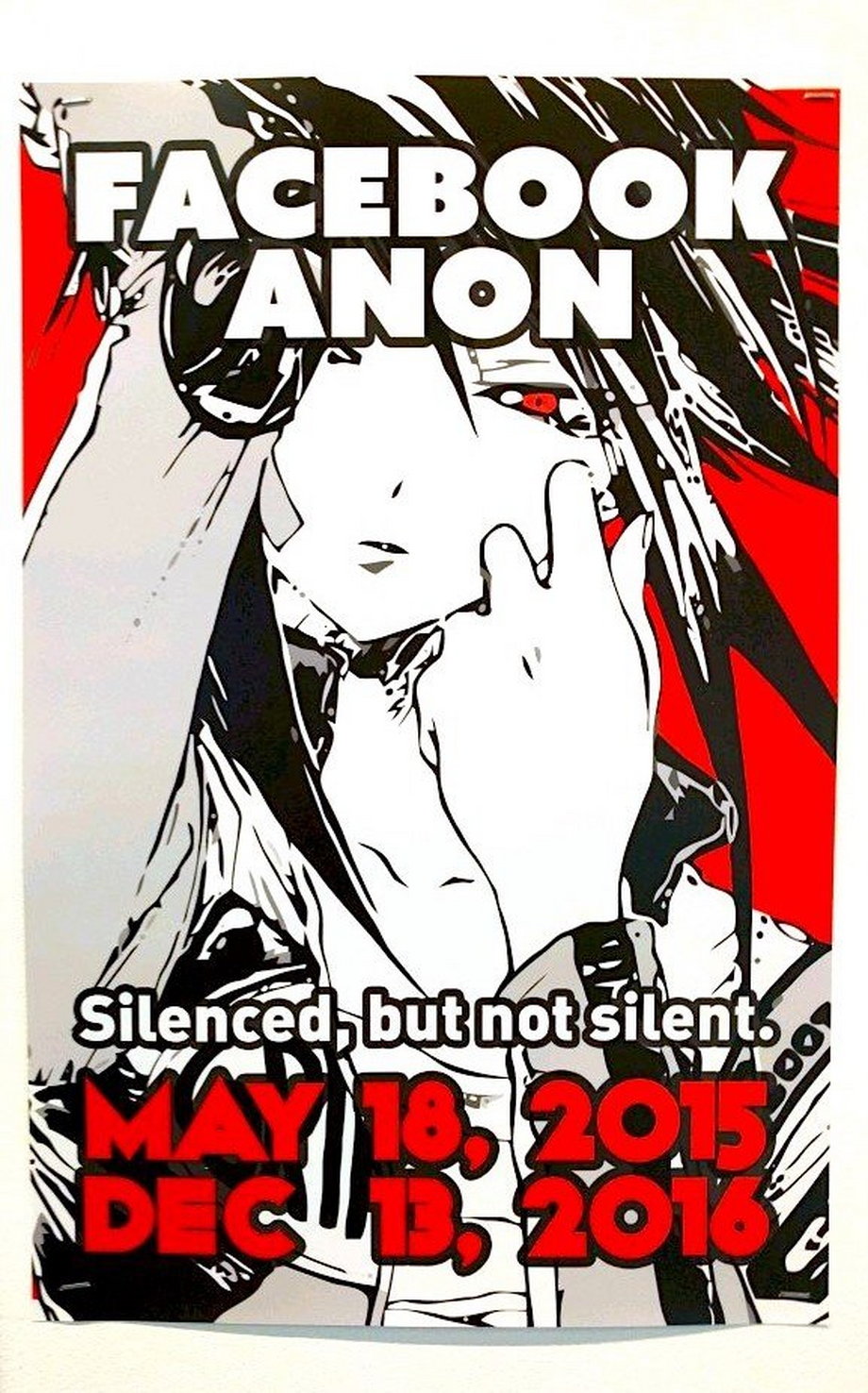 Plakat, który pojawił się na kampusie Facebooka po zamknięciu grupy Anon