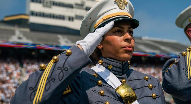 A graduating senior Cadet salutes during the U.S. Military Academy's Class of 2022 graduation ceremony at West Point, New York, May 21, 2022.